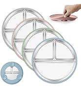 E-far Stainless Steel Toddler Plates with Suction - 9" Kids Plates, 4-Pack Divided Unbreakable & ...