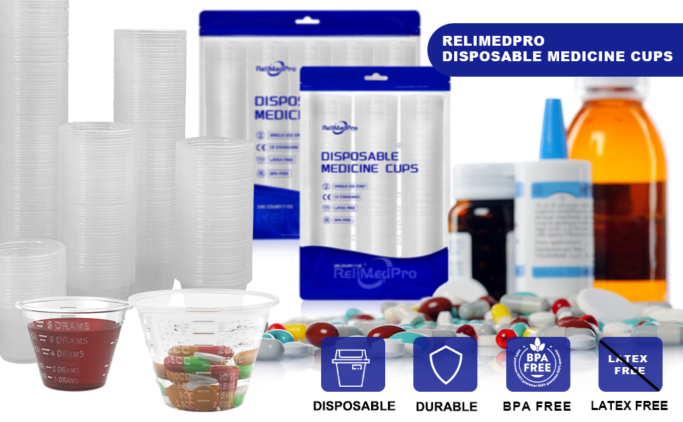 Disposable medicine cups with packaging. Various sizes of clear plastic cups shown alongside product boxes. Icons indicate disposable, durable, BPA-free, and latex-free features.