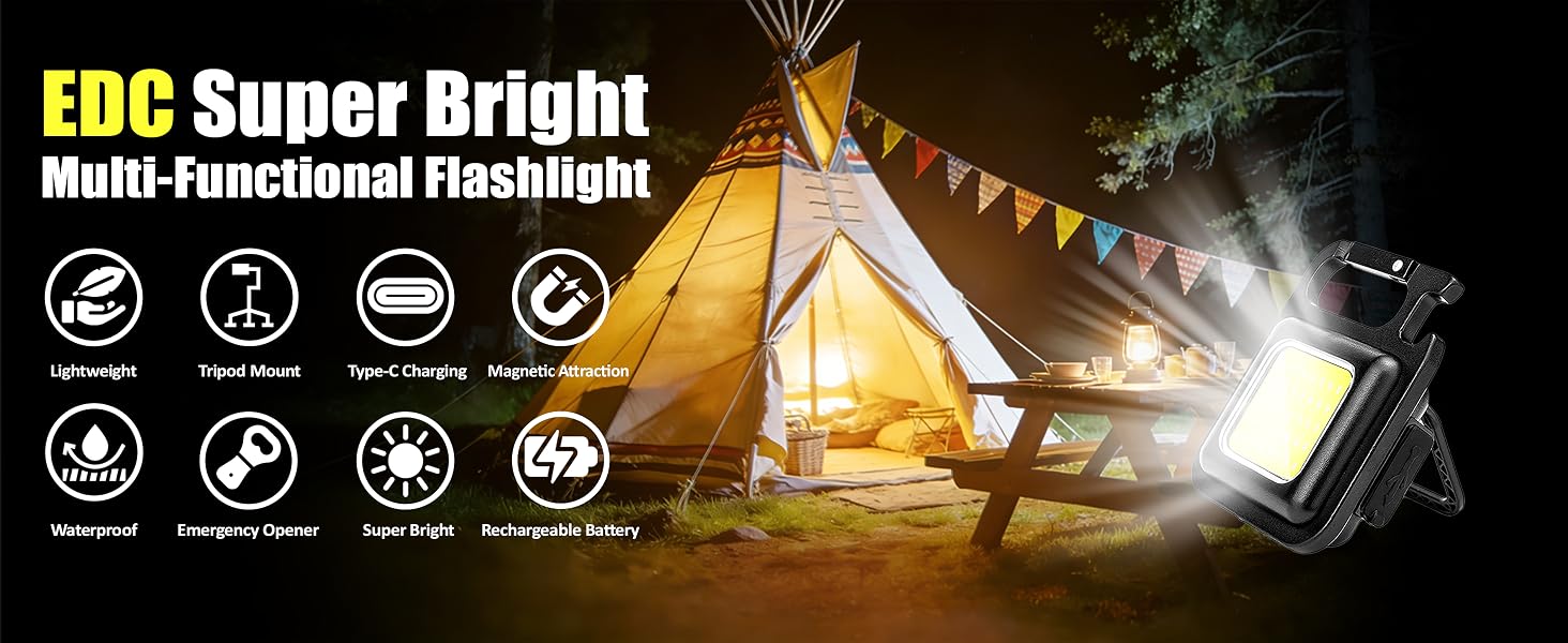 EDC super bright COB flashlight with Type-C charging, magnet, bottle opener and tripod mount.