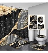 Nkzply 4 Pcs Black Marble Shower Curtain Sets with Rugs Gold Bathroom Sets with Shower Curtain an...