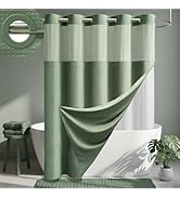Dynamene Sage Green Hook Free Shower Curtain & Snap in Fabric Liner with Magnets, Waffle Weave Sh...