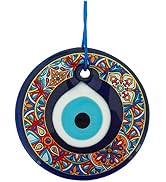 Erbulus 4.3" Glass Blue Evil Eye Wall Hanging Colorful Floral Design Ornament - Turkish Nazar Bea...