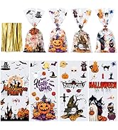 Aegero Halloween Cellophane Treat Bags, 200pcs Trick or Treat Goody Bags with 220pcs Twists for S...