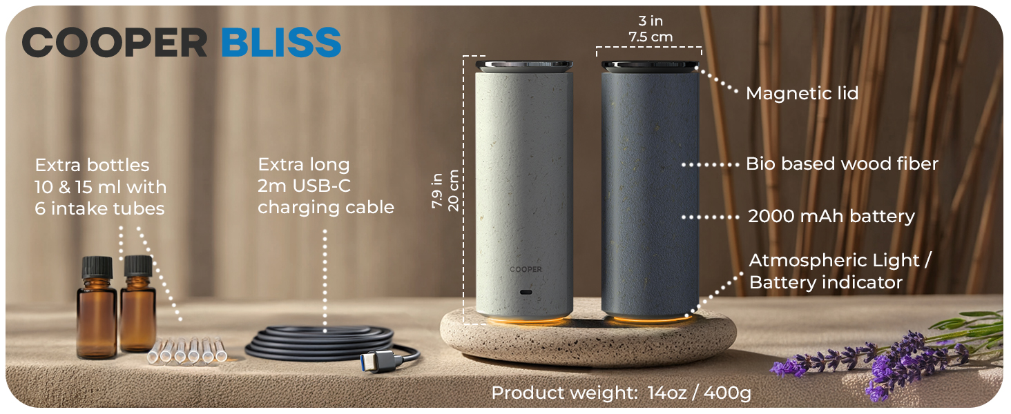Cooper Bliss Portable Diffuser for Essential Oils – sleek design, extra bottles, long battery life