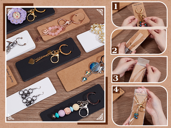 Assorted keychains displayed on rectangular holders. Various designs include beaded, metallic, and charm styles. Side panels show hands attaching different keychain elements to holders.