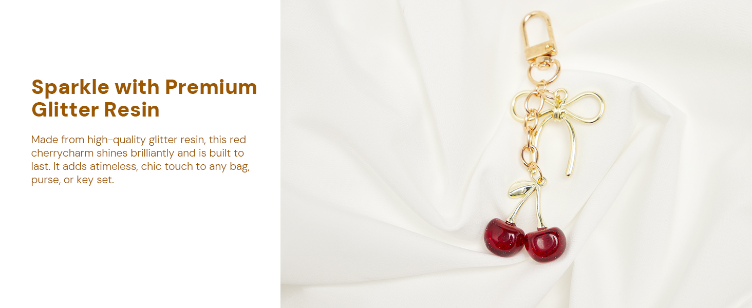 Cherry Bag Charm with Gold Bow and Premium Resin Beads, Cute Purse or Keychain Accessory