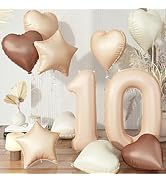 40 Inch Number 10 Balloon Decor, Cream Retro Apricot Brown Foil Neutral Heart 10 Balloons with Ta...