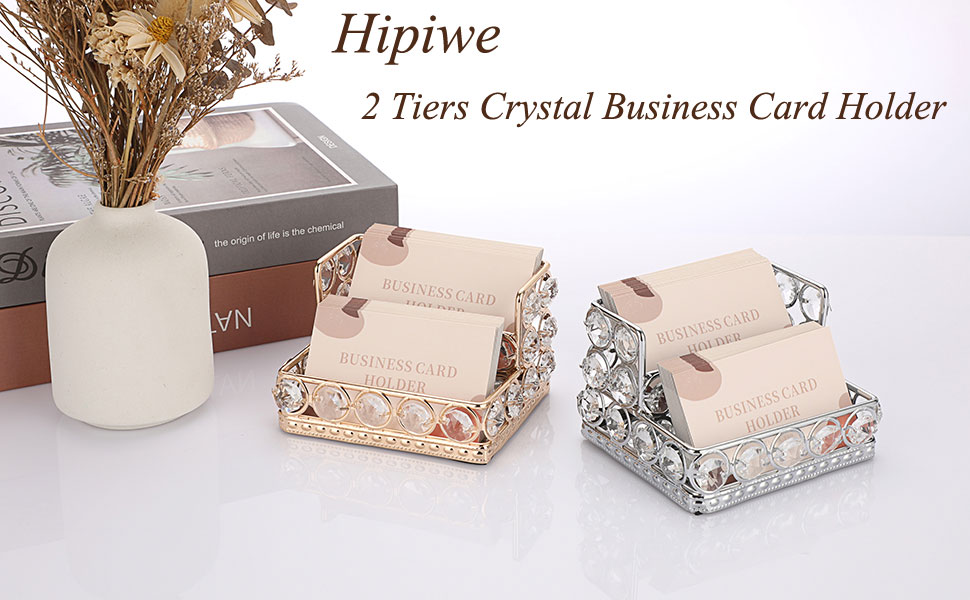 Gold Business Card Holder 2 Tiers Crystal Business Card Display for Office Desk Business Card Stand