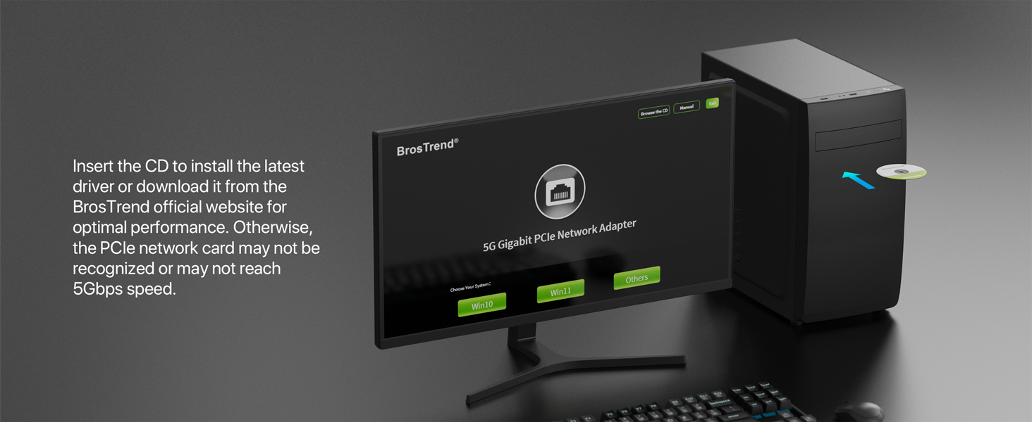PCIe Network Card Setup Step 2 Install Driver with Provided Disc or Download from BrosTrend Website
