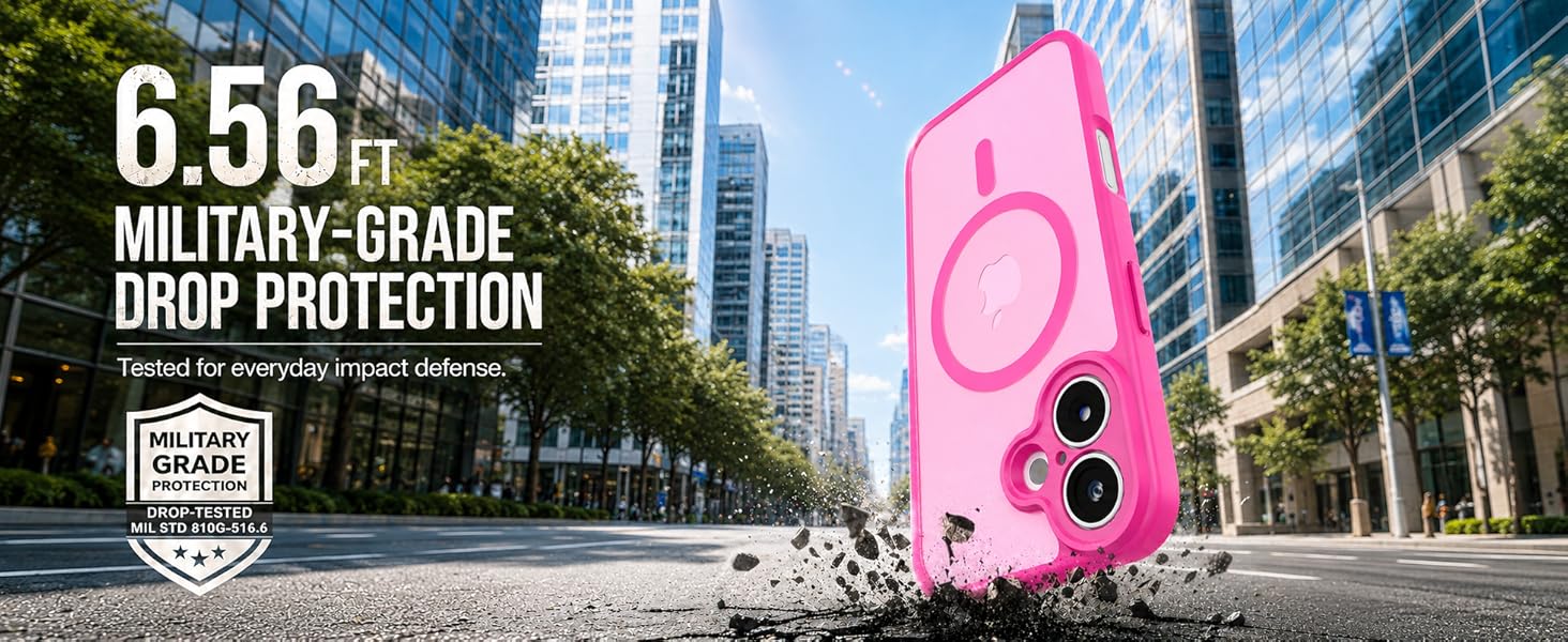 Text reads '6.5G MILITARY-GRADE DROP PROTECTION'. Bright pink protective phone case with circular design displayed against city street backdrop.