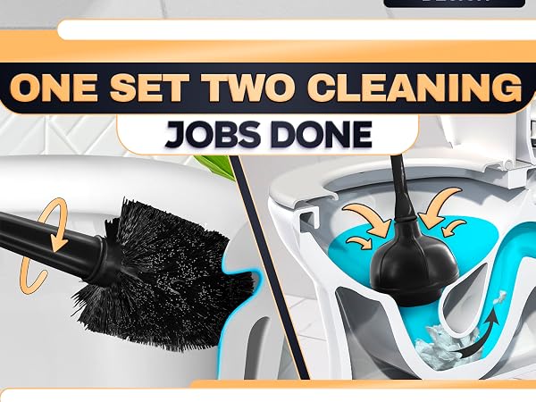 Black plunger and toilet brush combo cleans a white bowl as the brush scrubs under the rim