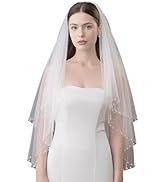 YAEISM Pearl Edge Wedding Veil 2 Tier Beaded Bridal Veils Fingertip Length White Veil Double Laye...