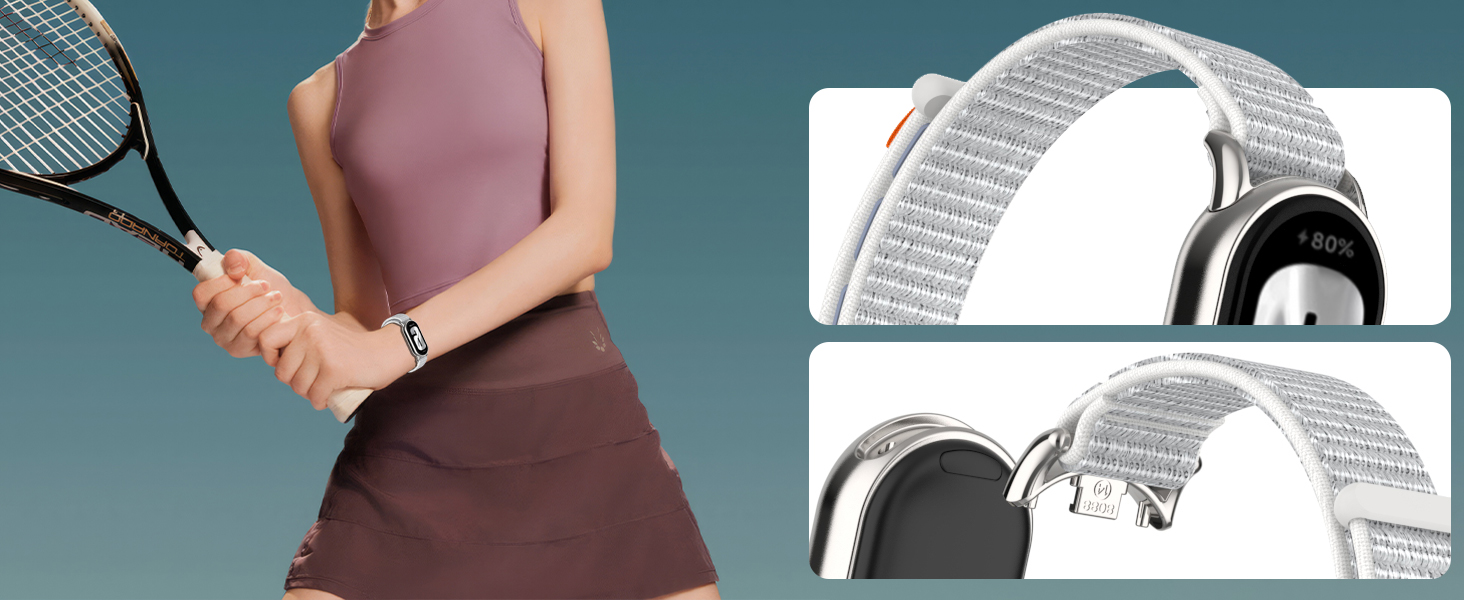 Composite image: Left panel shows a person holding a tennis racket, wearing pink top and maroon skirt. Right panels display a smartwatch with white woven band in two angles.