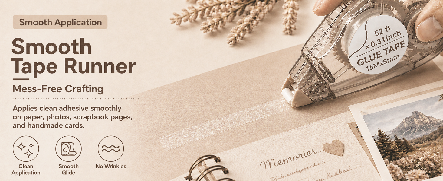 Tape roller applying scrapbook adhesive to journals, cards, photos and layered paper crafts