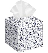 Blue and White Tissue Box Cover Square, Abstract Blue Flowers Tissue Box Holder,Waterproof Leathe...