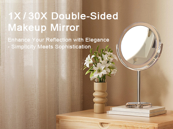 Dual-sided 1X/30X makeup mirror on bedside cabinet with elegant design