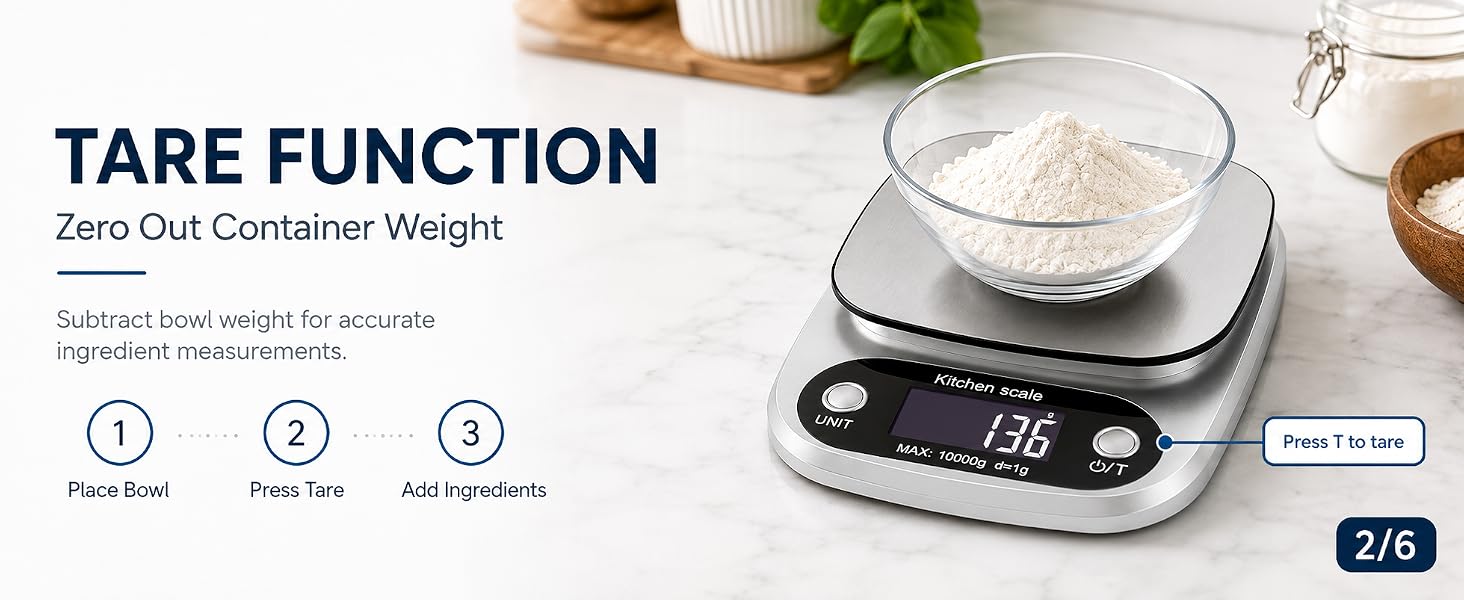 Digital kitchen scale with tare function for measuring ingredients without container weight.