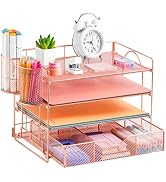 Lavatino Rose Gold Desk Organizers with Drawer, 4-Trays Desktop File Organizer with Pen Holder, P...
