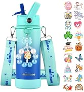 Mininoo Insulated Stainless Steel Kids Water Bottle for School with Straw Lid & Strap, 50 Sticker...