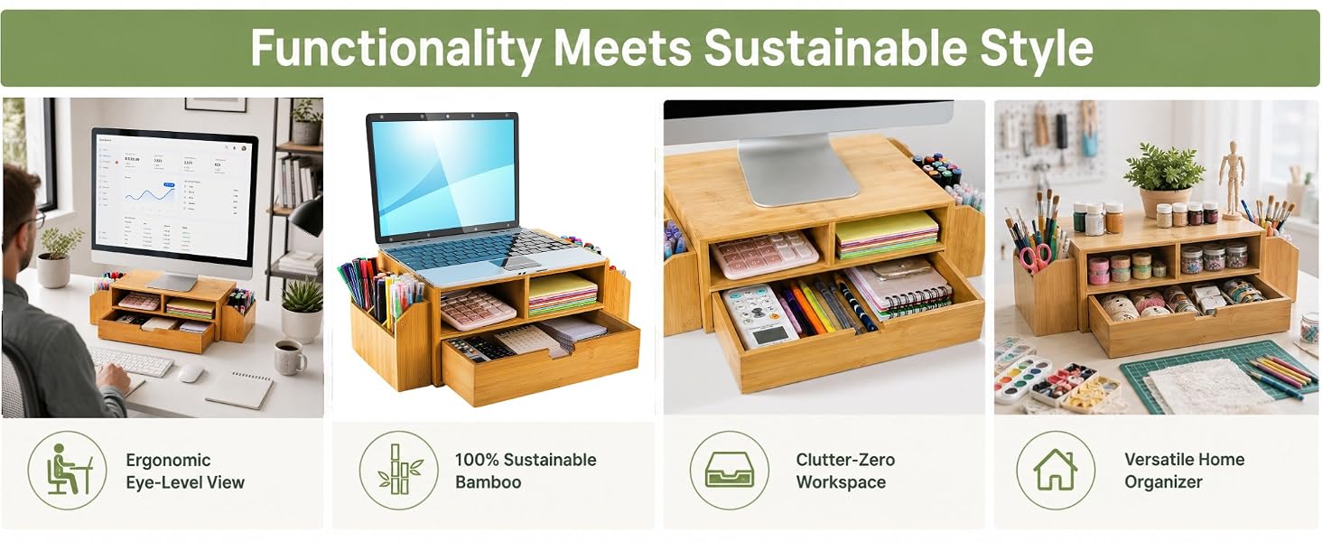 Bamboo Desktop Organizer, Desk Monitor Stand Riser with 1 Drawer and 2 Pen Holder