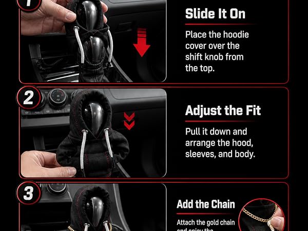 Three-step installation guide showing how to slide on, adjust, and add the gold chain.