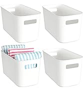 Yopay 4 Pack Plastic Storage Bin with Handle, White Bathroom Kitchen Organizer Bin for Organizing...