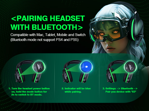 Gaming headset pairing instructions showing three-step Bluetooth connection process with illuminated blue indicator light, compatible with multiple devices.