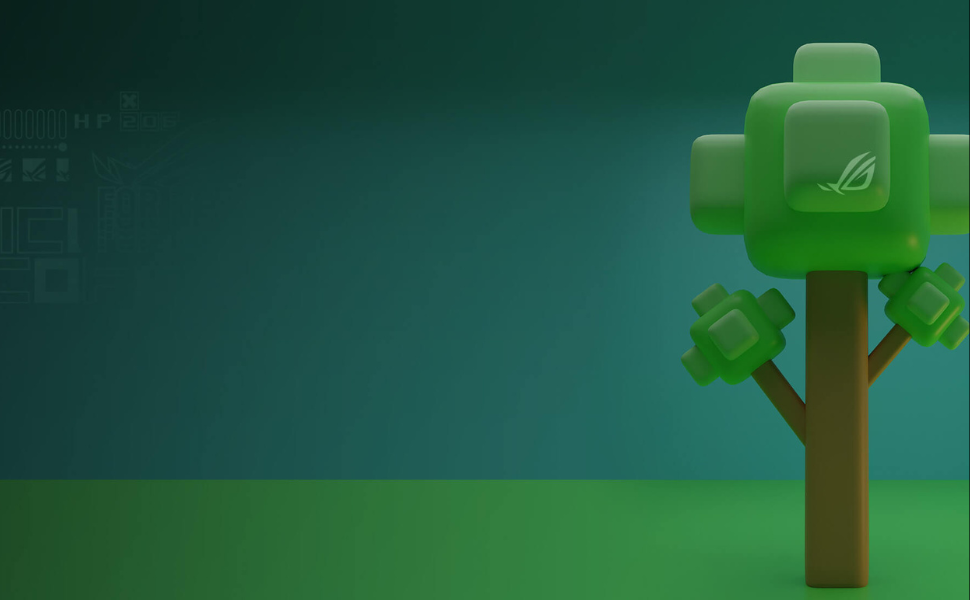 Graphic of a green animated tree with the ROG logo