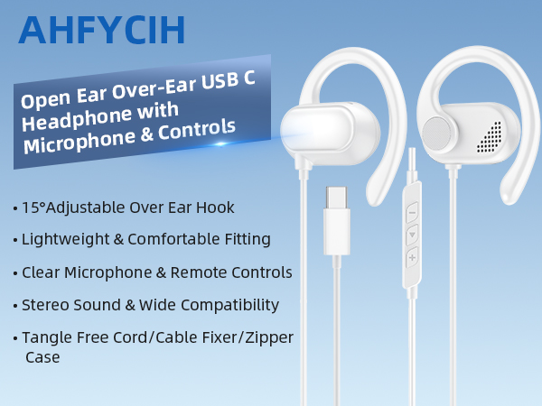 USB Type C Headphone Open Ear Adjustable Over Ear Hook Headset School Kid Earphone Wired Earbuds
