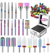 25Pcs Nail Drill Bits Set with Silver Holder and 50Pcs 8 Colors Sanding Bands, Tungsten Carbide C...