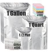 100pcs Mylar Bags for Food Storage with 150 Oxygen Absorbers & Labels, 10 Mil Thick 3 Sizes (1 Ga...