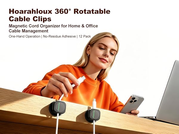 360° rotatable magnetic cable clips, adhesive cord organizer for desk home office cable management