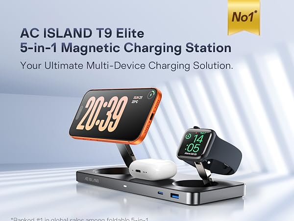 AC ISLAND 5-in-1 Qi2.2 Wireless Charger for MagSafe, 25W Foldable Magnetic Stand Charging Station