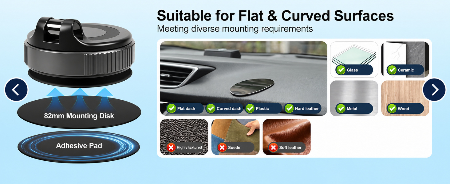 Surface compatibility guide. Highly textured surfaces, suede and soft leather are not suitable.