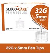 GLUCO-CARE Pen Tips 32G x 5mm, Universal Fit, 100/bx, Sterile, Comfort
