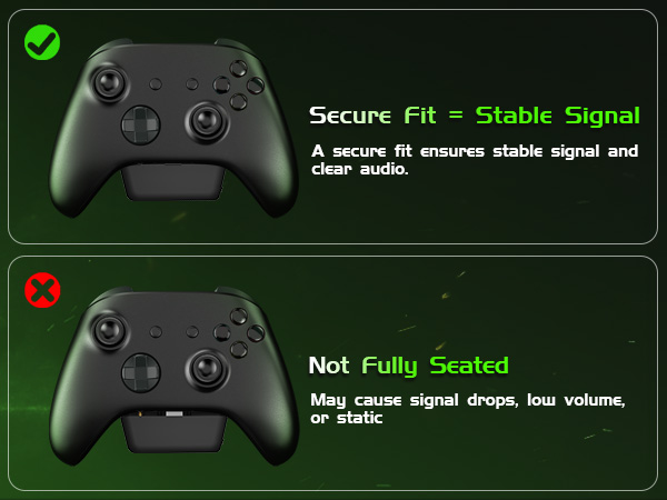 Firmly insert 2.4GHz dongle to prevent signal loss or low volume on Xbox.