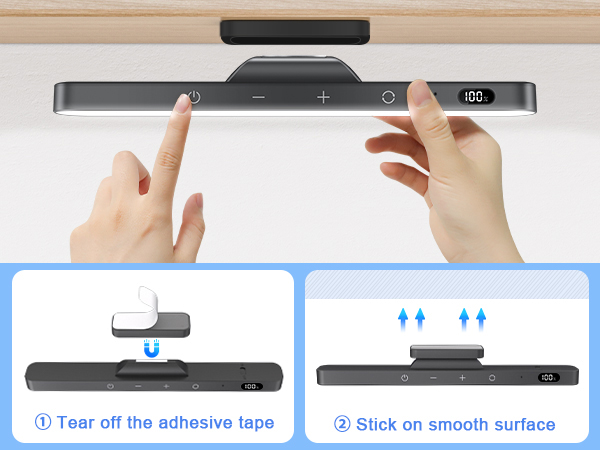 Sleek silver electronic device with touch controls being installed on a wooden surface. Instructions show adhesive tape removal and sticking process.