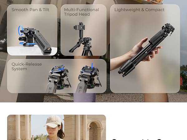 Tripod head with smooth pan & tilt. Lightweight & compact. Quick-release system for cameras.