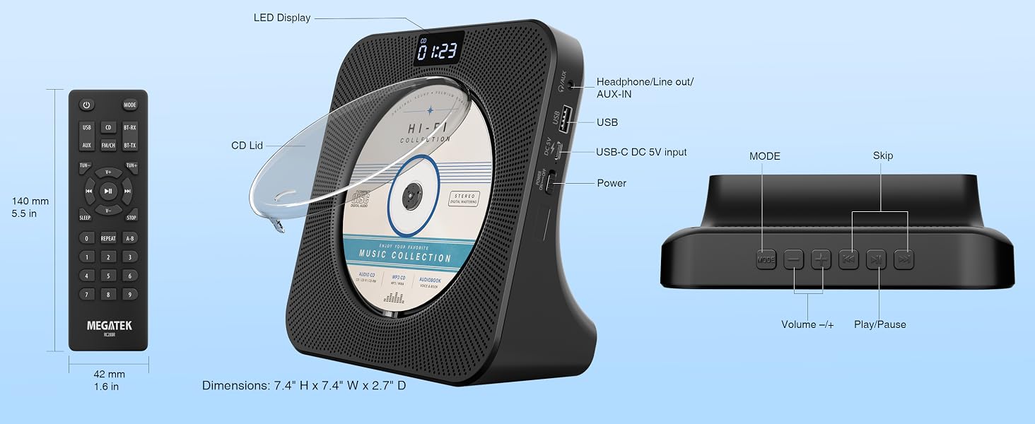 MEGATEK CP28BR Portable CD Player with Compact Desktop Design, Remote Control, On-Unit Keys
