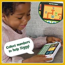 Kid is challenged to follow the numbers in the maze in order. Toy: Collect numbers to help Ziggy!