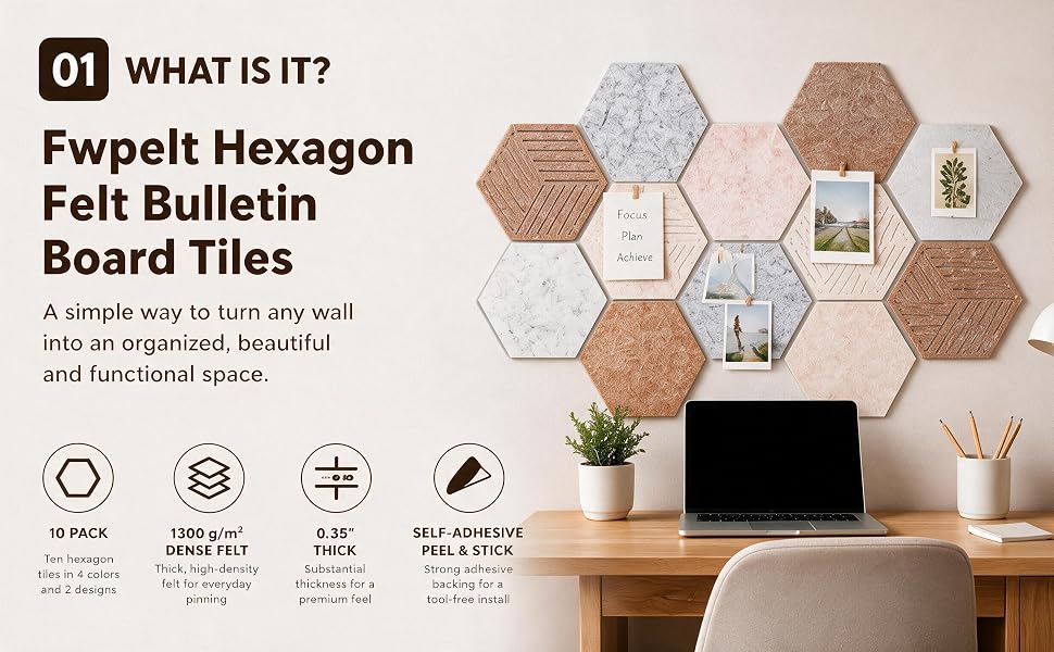Fwpelt Hexagon Felt Corkboard for Office Frameless Self Adhesive, 10 Pack