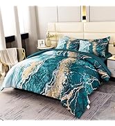 PERFEMET 6-Piece Bed in A Bag Queen Set Aqua Gold Watercolor Marble Comforters with Sheet Soft Lu...