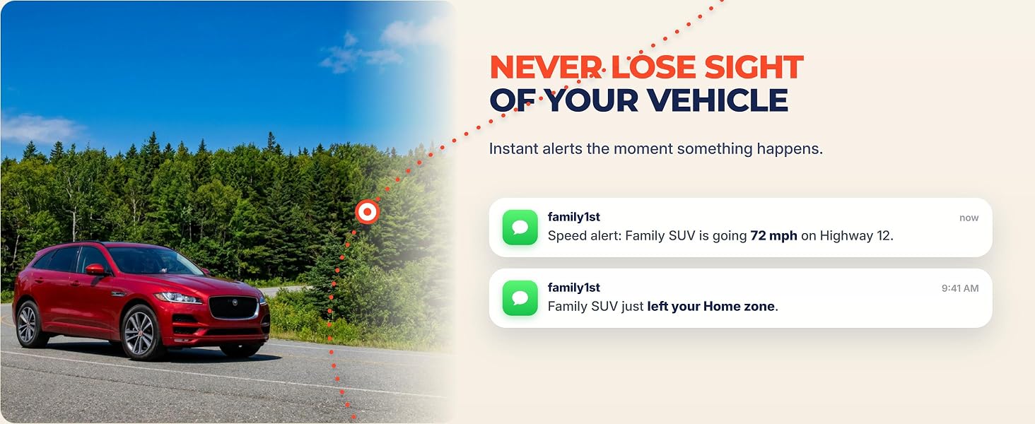 Red SUV with Family1st GPS speed and zone alerts.