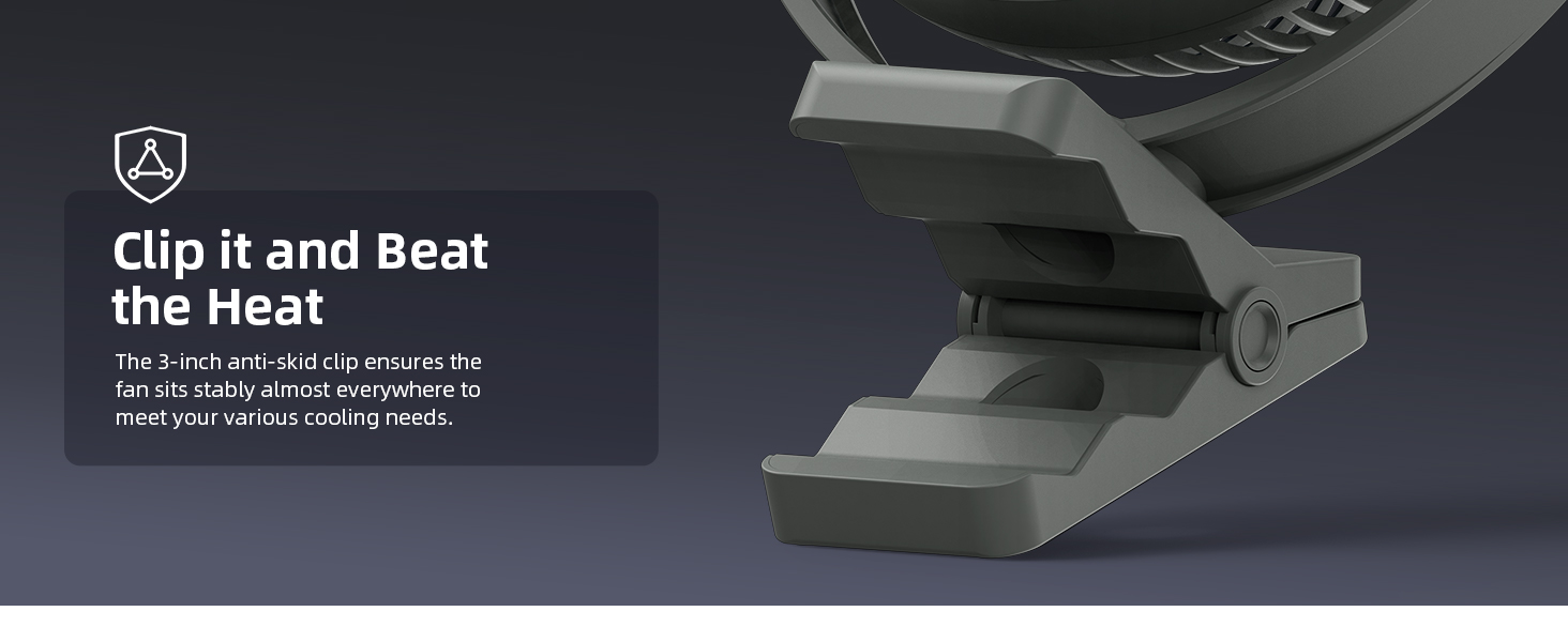 Close-up of a grey device with a clip mechanism. Text 'Clip it and Beat the Heat' suggests it's for temperature control or heat reduction.