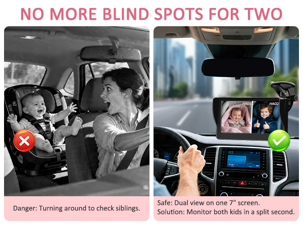 2-Kids Baby Car Camera for Seat: 7 Inch Ultrawide Display with Two Cameras Rear Facing - USB Powered