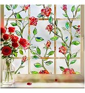 ALIUNI Stained Glass Window Film, Window Privacy Film Frosted Faux 3D Floral Decorative Static Cl...