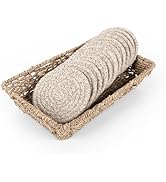 Boho Coasters for Drinks with Seagrass Basket Holder Set,12 Pcs Handmade Woven Absorbent Insulati...