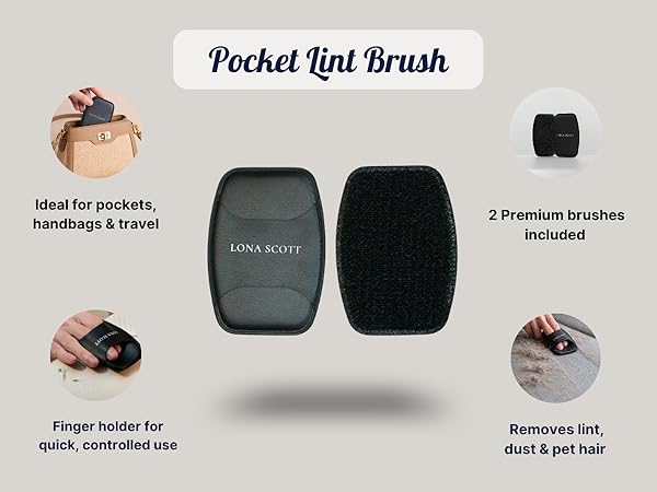 Text reads "Pocket Lint Brush," "Ideal for pockets, handbags & travel," "2 Premium brushes included," "Finger holder for quick, controlled use," "Removes lint, dust & pet hair." Dark gray pocket-sized lint brush with two interchangeable brush heads displayed.