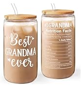 Grandma 16 Oz Can Glass Tumbler with Bamboo Lid and Straw - Iced Coffee Cups for Women, Aesthetic...