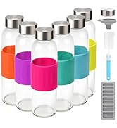 Zukro Glass Water Bottles with Grip Silicone Sleeve 18 oz, 6 Pack Reusable Leak Proof Juice Bottl...
